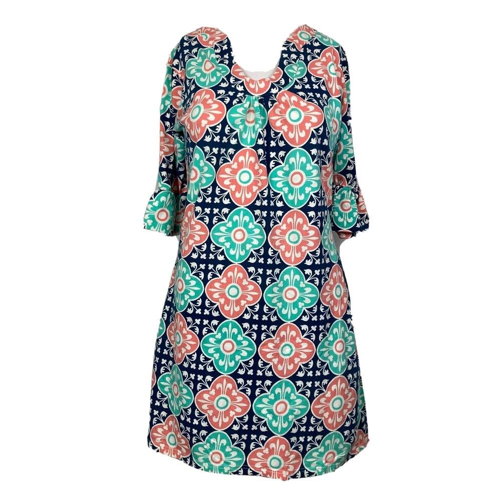 Tracy Negoshian Dress Womens Sz M Shift Blue Pink Mandala Cotton V-Neck Stretch